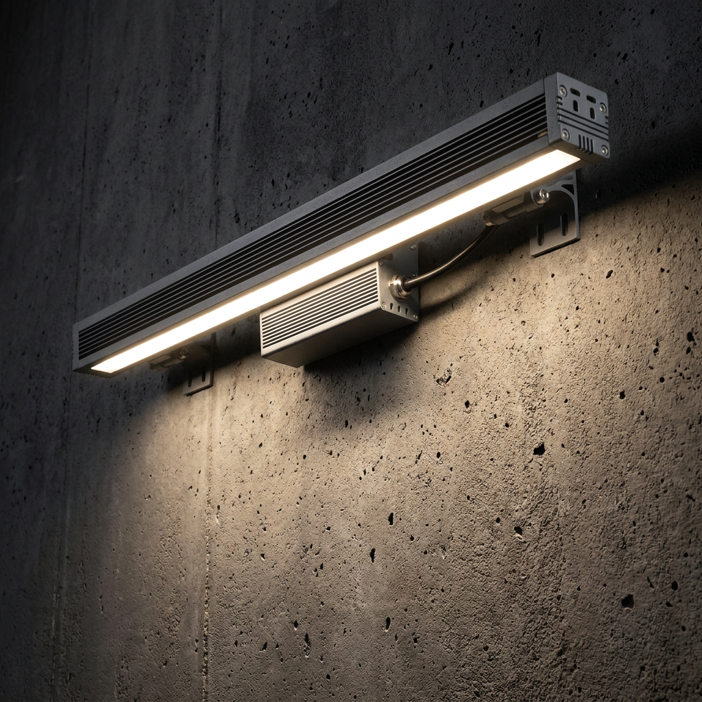 Архитектурная подсветка фасада здания линейными LED-светильниками в тёмное время суток